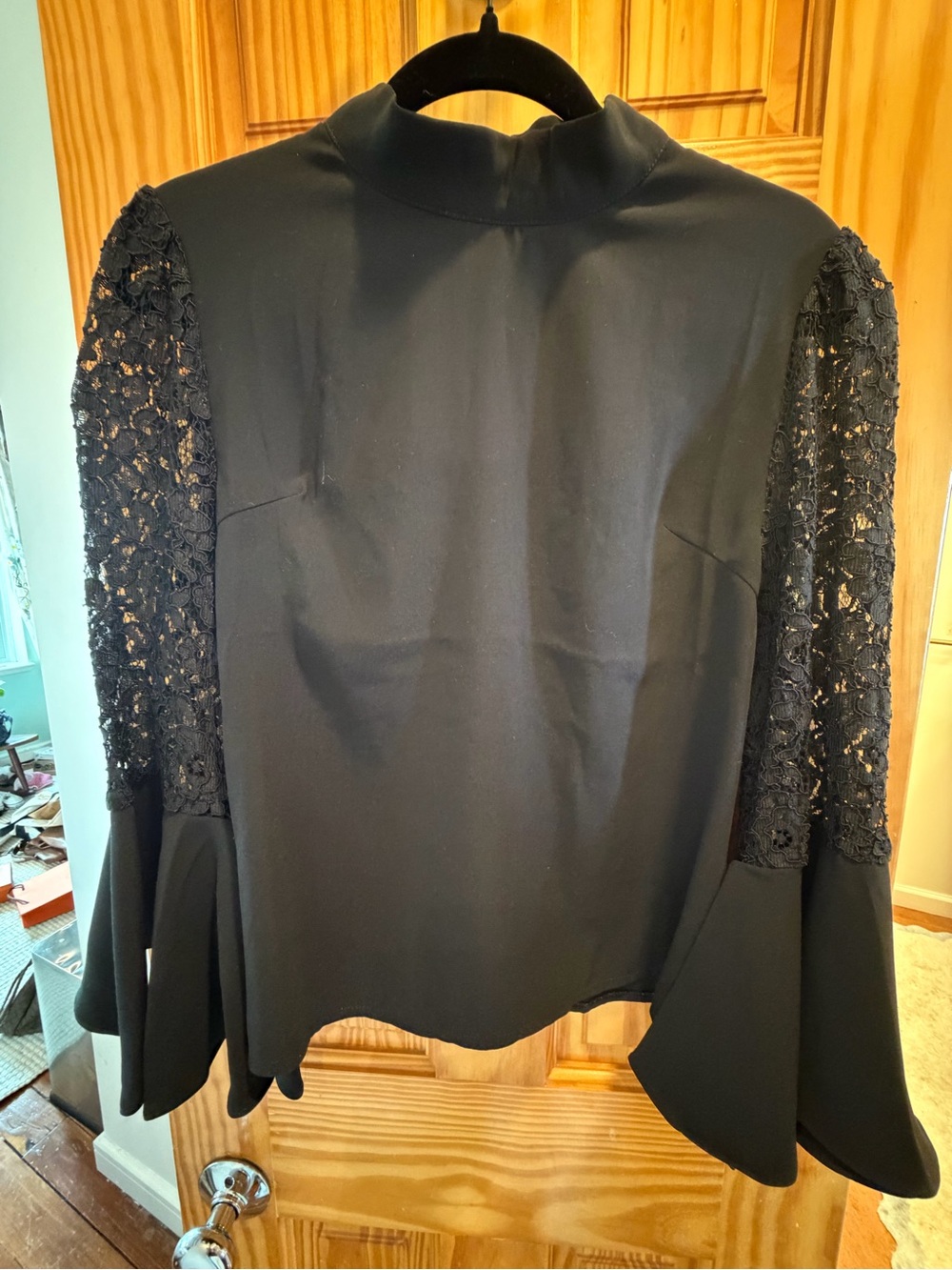 Gracia Black Mock Neck Blouse with Lace Bell Sleeves